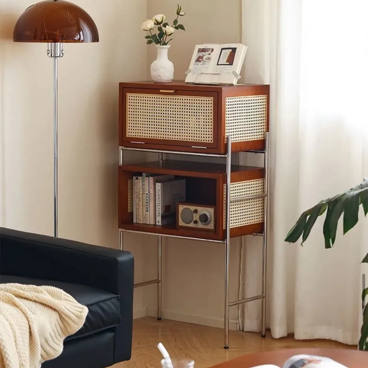 Solid wood medieval sweeping robot storage cabinet rattan multi-layer side cabinet storage cabinet Japanese storage locker