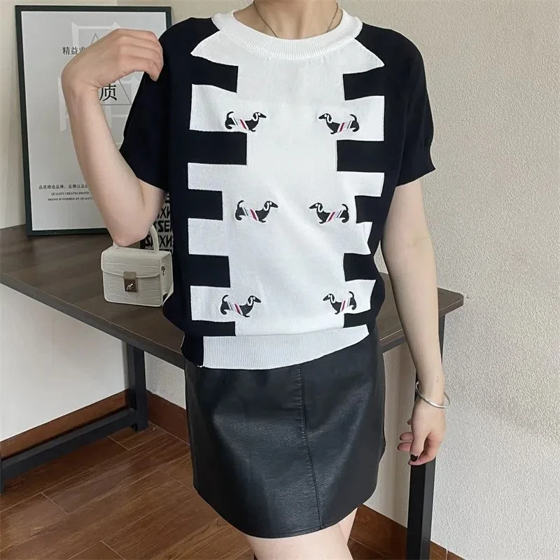 

Summer thin TB style knitted sweater for women, stylish and high-end, with a stylish design and round neck short sleeved top
