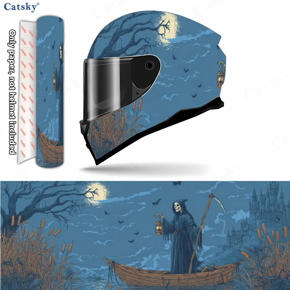 

Dark Fantasy Grim Reaper Ferryman Helmet Vinyl Wraps, Waterproof Scratch-Resistant Full Face Helmet Decals, Durable PVC Artistic