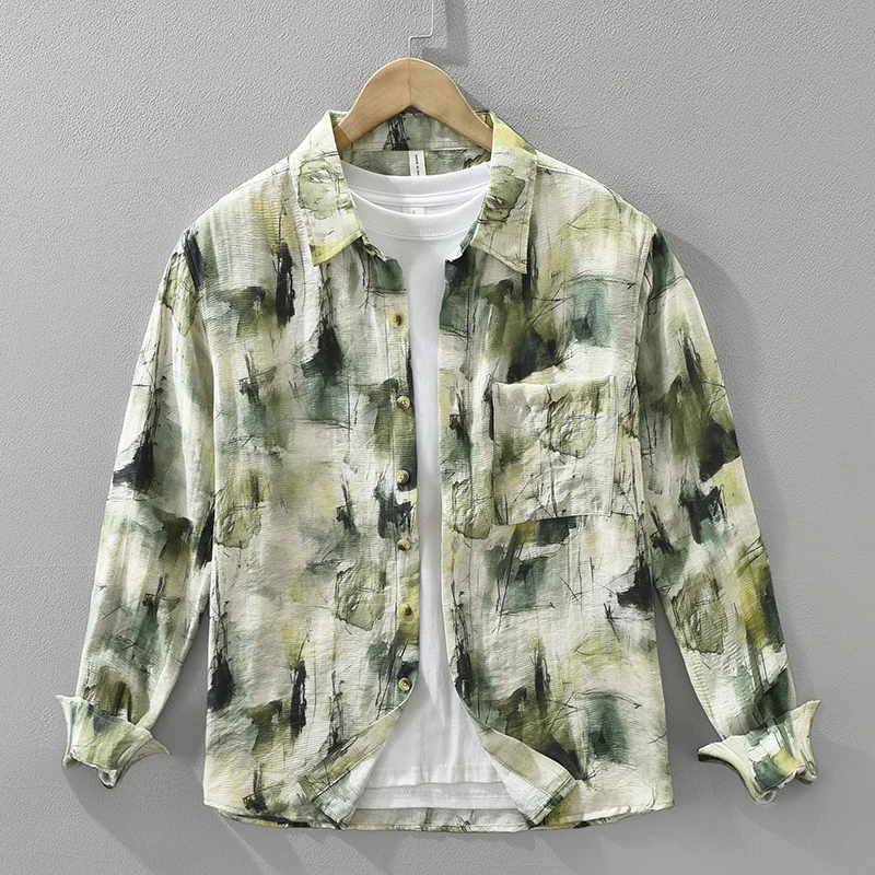 

2025 Autumn New Print Shirt for Men Loose Long Sleeve Shirts Oversize Fashion Men's Clothing