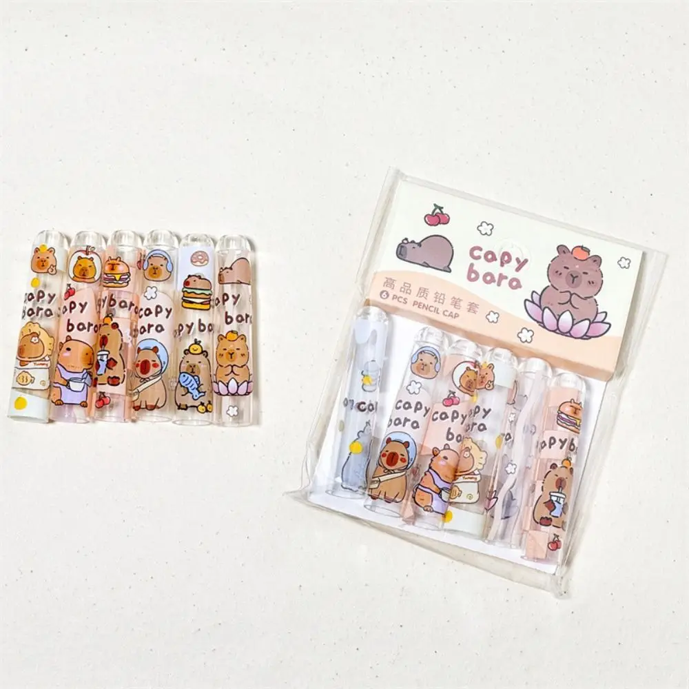 6PCS ป้องกันน่ารัก Capybars ดินสอหมวก Kawaii ปลอดสารพิษดินสอ Topper ครอบคลุมการ์ตูนโปร่งใสดินสอ Extender เด็ก