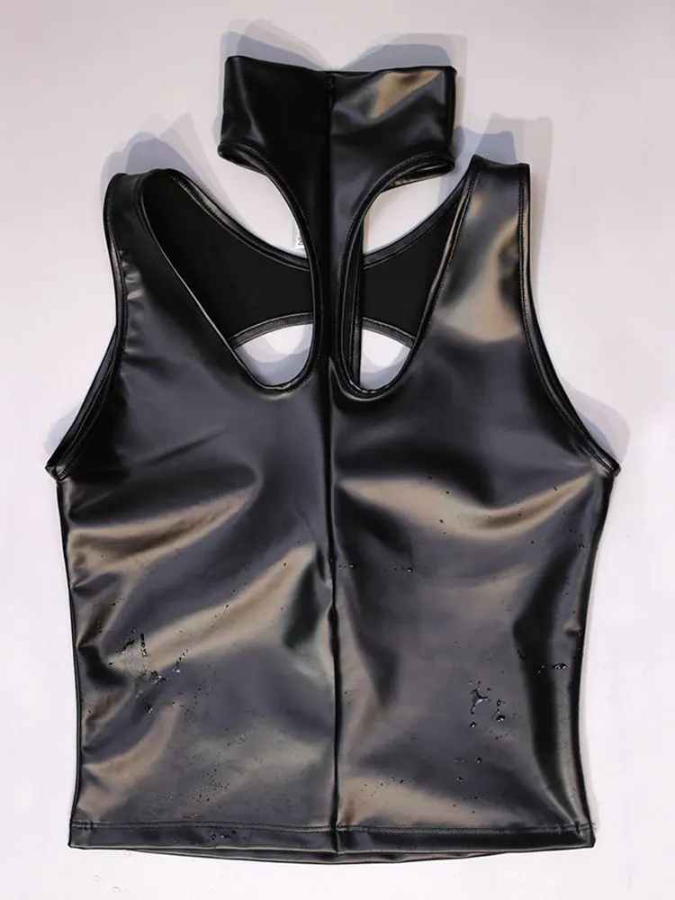 Sexy Latex PU Faux Leder Aushöhlen T-shirt Öl Glänzende Engen Tops Bandage Offene Büste Elasitc Erotische Trikot Punk Dance tragen