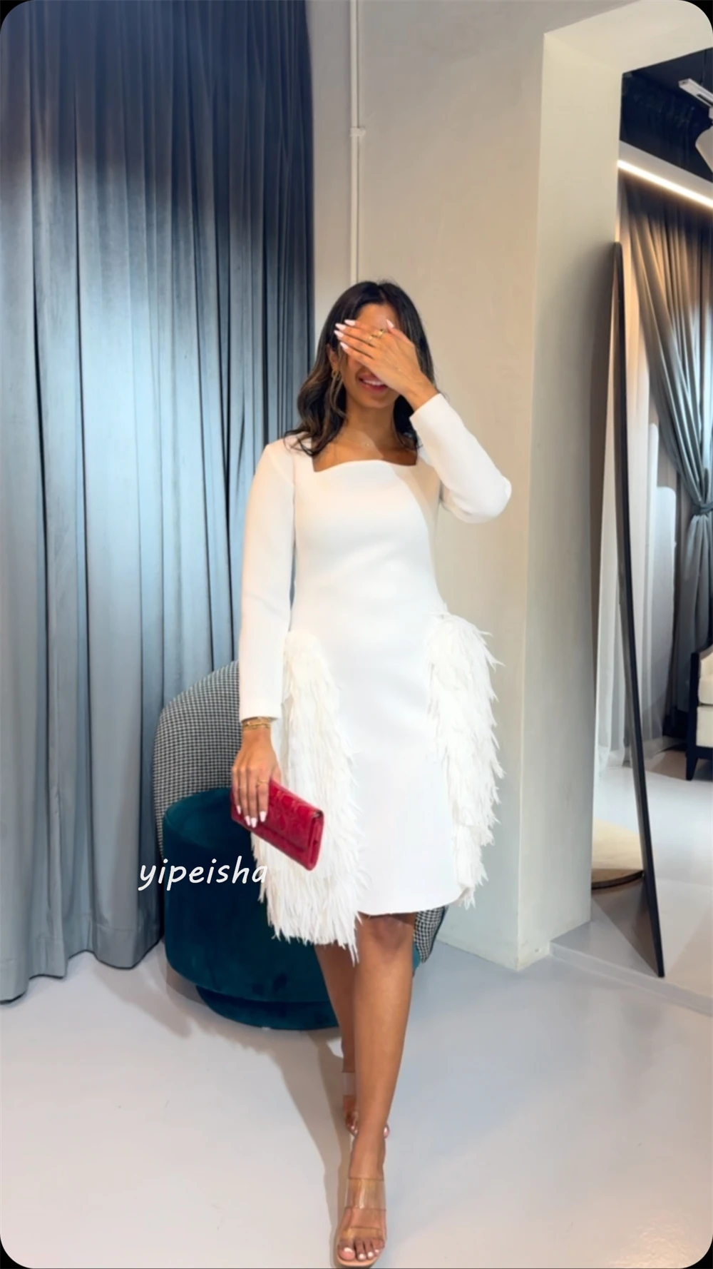  Jersey Feathers Pleat Evening A-line Square Collar Bespoke Occasion Gown Knee Length Dresses Saudi Arabia 