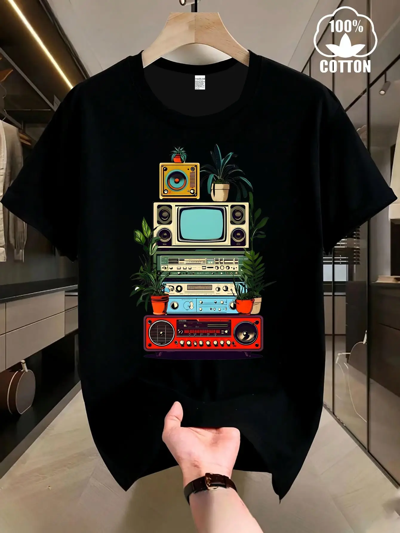 Men's Y2K Retro Radio and Botanical Pattern T-Shirt, Plus Size, Suitable for Holiday Gifts, Casual Crew Neck T-Shirt with Radio and Botanical Pattern, Machine Washable, Suitable for Everyday Wear, Trick or Treat Outfit