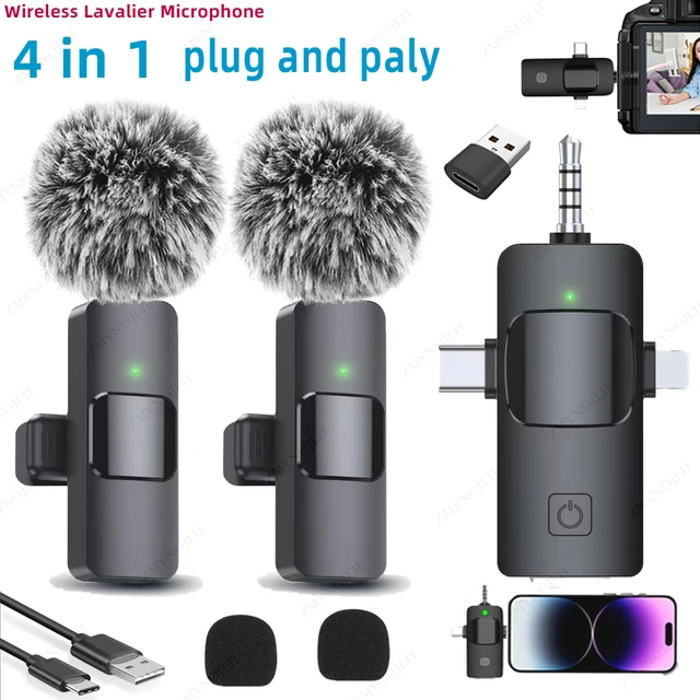 Microfone de Lapela Sem Fio 4 em 1 para iPhone Android 3.5mm para Gravação de Rádio ao Vivo com Redução de Ruído Mini Microfone 2026 Quente