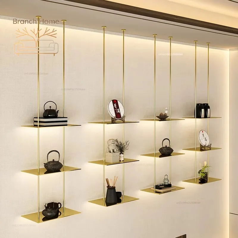 Customized tea room hanging hanger baffle rack bar wall multi-layer gold decorative display rack