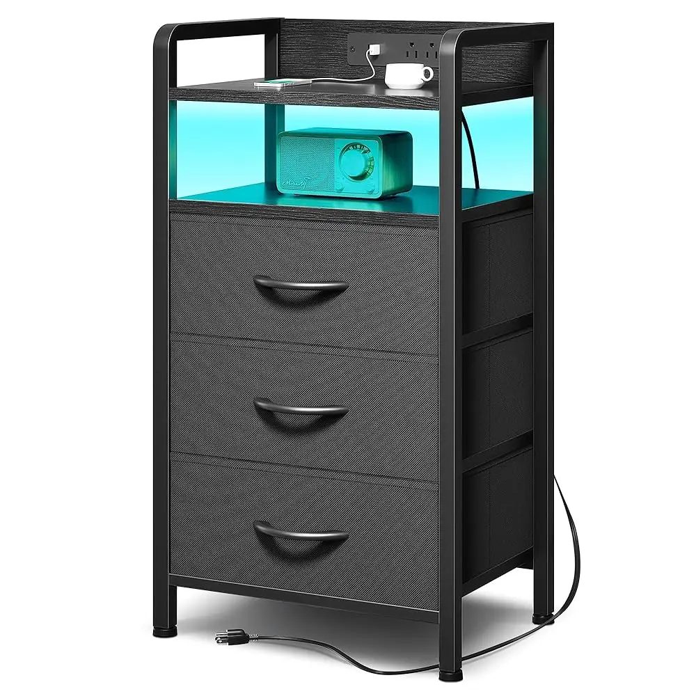 

Night Stand Bedside Charger Bedroom - Nightstand With Charging Station & Led Light Strip, Night Stand With Storage Shelf & 3