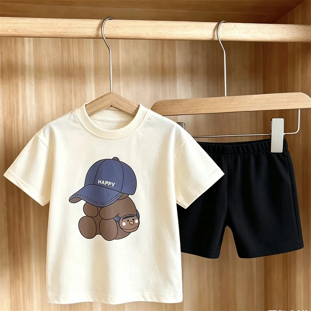Round Neck TShirt Simple Versatile Shorts Two Piece Set Children's Fashion Casual Costume Kids New Short-sleeved Tracksuits