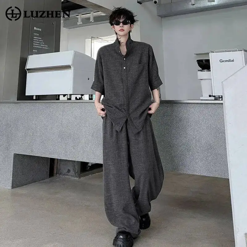 

LUZHEN 2026 Summer Solid Color Two-piece Sets Men Fashion Loose Straight Casual Pants Handsome Casual Short Sleeve Shirts JY7048