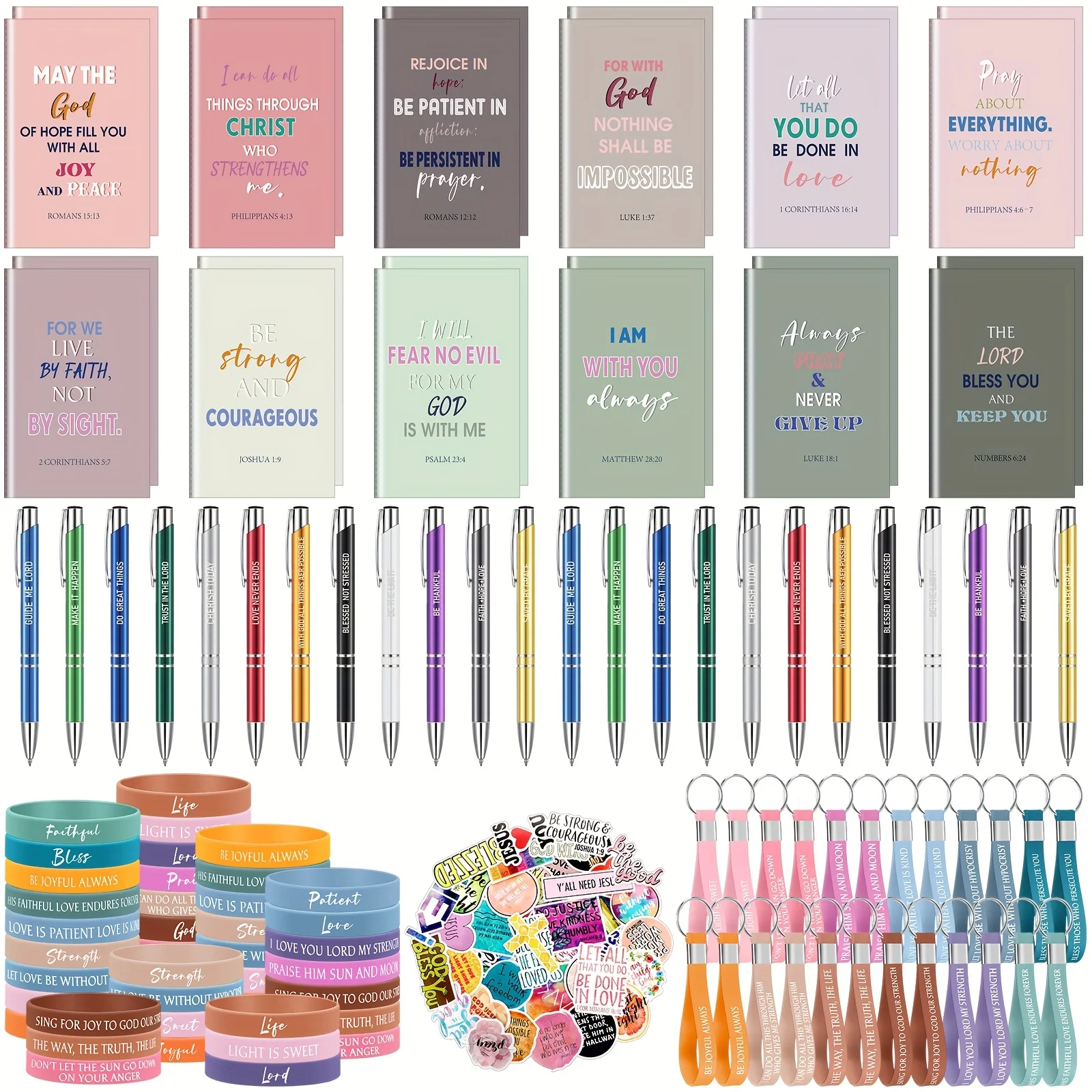

Gift For Her/Him Bulk Set of 146 Christian Gifts Featuring 24 Pens with Bible Verses, 24 Notebooks, 24 Bracelets with Scripture
