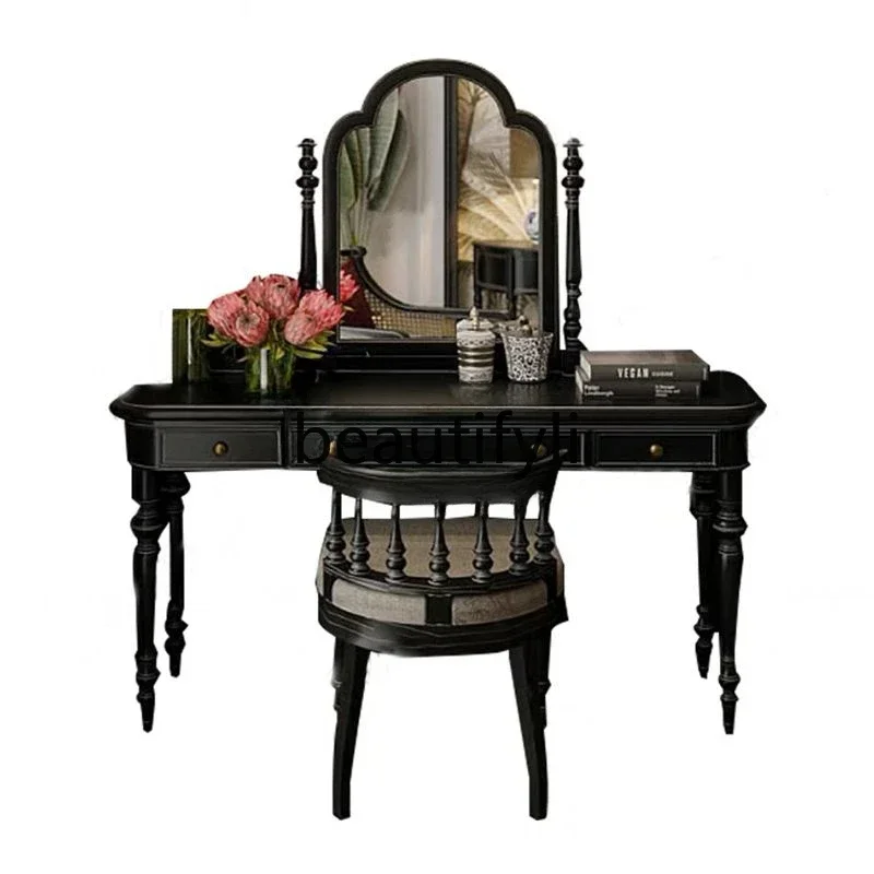 

052 yj15 French neoclassical solid wood dressing table retro old personalized makeup table with mirror