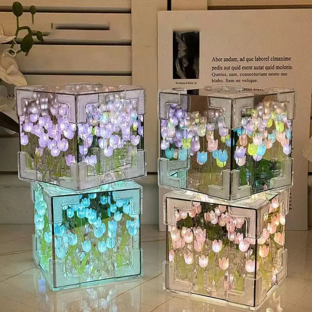 Excluding Gift Bags Tulip Night Light 21 Flowers Handmade DIY Tulips Flower Table Lamp Creative Magic Cube Mirror Light