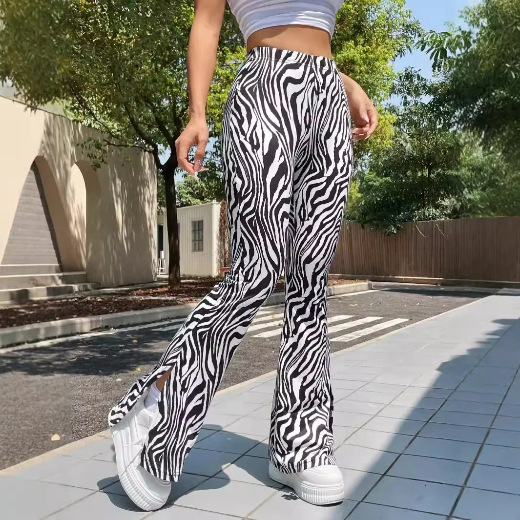 Flared Pants Women Zebra Stripe Hem Casual Outdoors Butt Lift Running Full Lenth High Elastic Waisted Slight Strech Autumn 2025