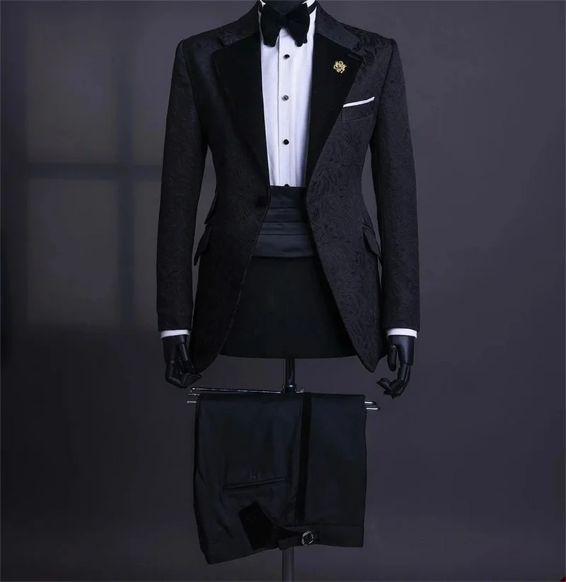 

Jacquard Men Suit Set 2 Piece Blazer+Black Pants Trousers Wedding Tuxedo Groom Prom Coat Cotton Customized Formal Office Jacket