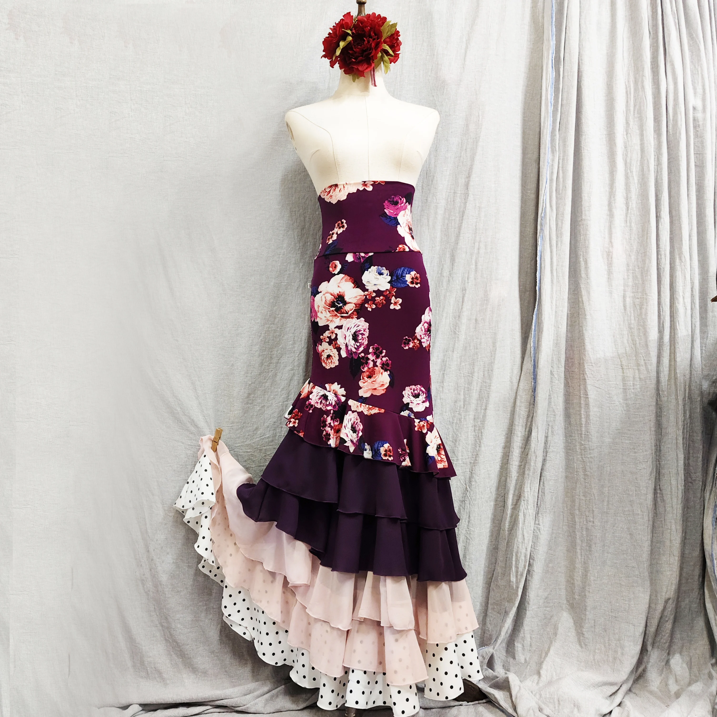 Spódnica flamenco o wysokiej elastyczności, z wysoką talią i falbanami z gazy, Spódnica flamenco DTT90