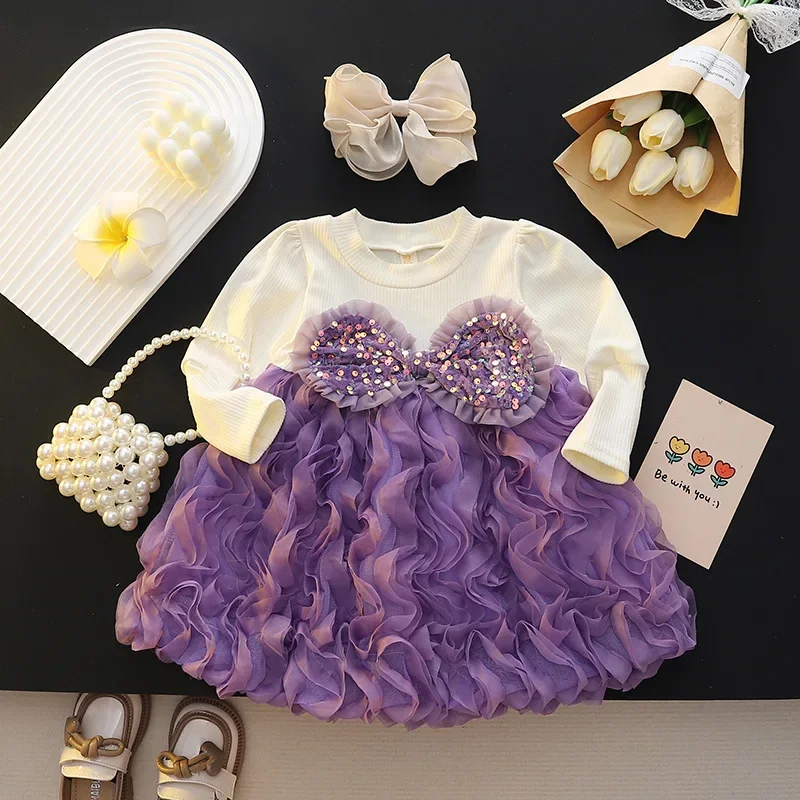 (Girls 0-3 Years Old) New Autumn Dress Upper Body Knitwear Bow Pleats Shaggy Mesh Pleats A-line Dress Birthday Party Team Dress