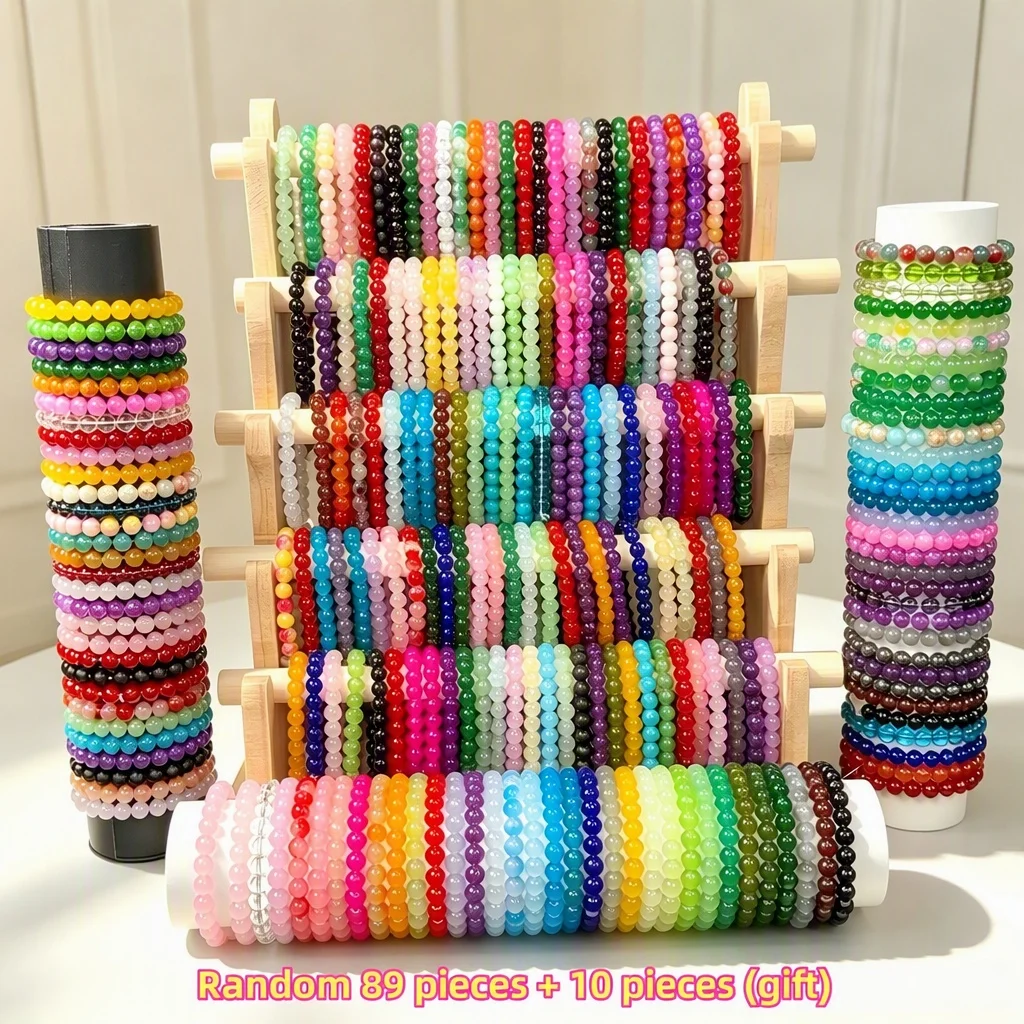 Random 89 Pieces + 10 Pieces (Gift) Elegant colorful Glass Bead Elastic Bracelet Set - Suitable for Both Men and Women, Suitable for Daily Wear, Parties, Vacations and Random Gifts