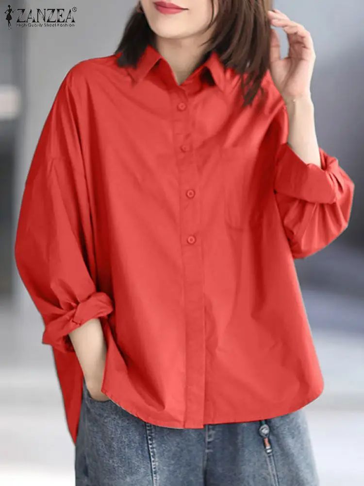 ZANZEA Casual Loose Korean Fashion Oversize Shirts Solid Color Long Sleeve Rounded Hem BF Style Blouses Women Button Up Camisas