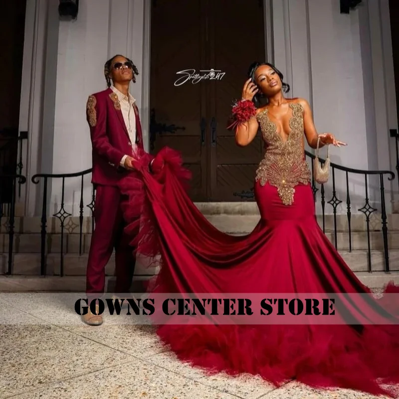 

Customized Luxury Burgundy Long Prom Dress For Black Girls Gold Crystal Beaded African Party Dress Evening Gown