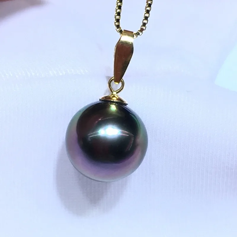 

Natural Black Pearl Round 13-14mm Genuine Pearl Inlaid 925 Sterling Silver Chain