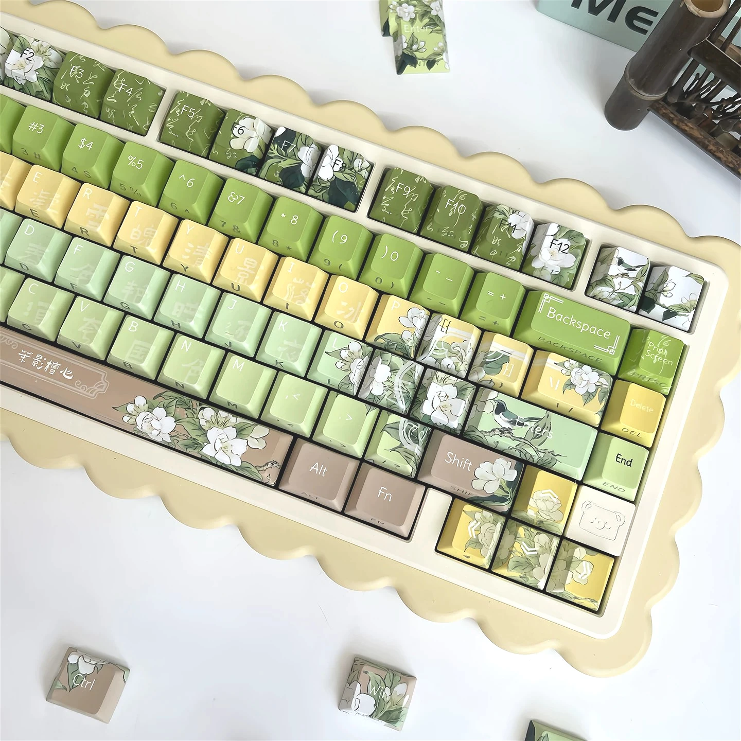 MAIMOOO Jasmine Language Keycaps Green Side Engraved PBT Sided Heat Sublimation Cherry PBT Mechanical Keyboard Backlit Keycaps
