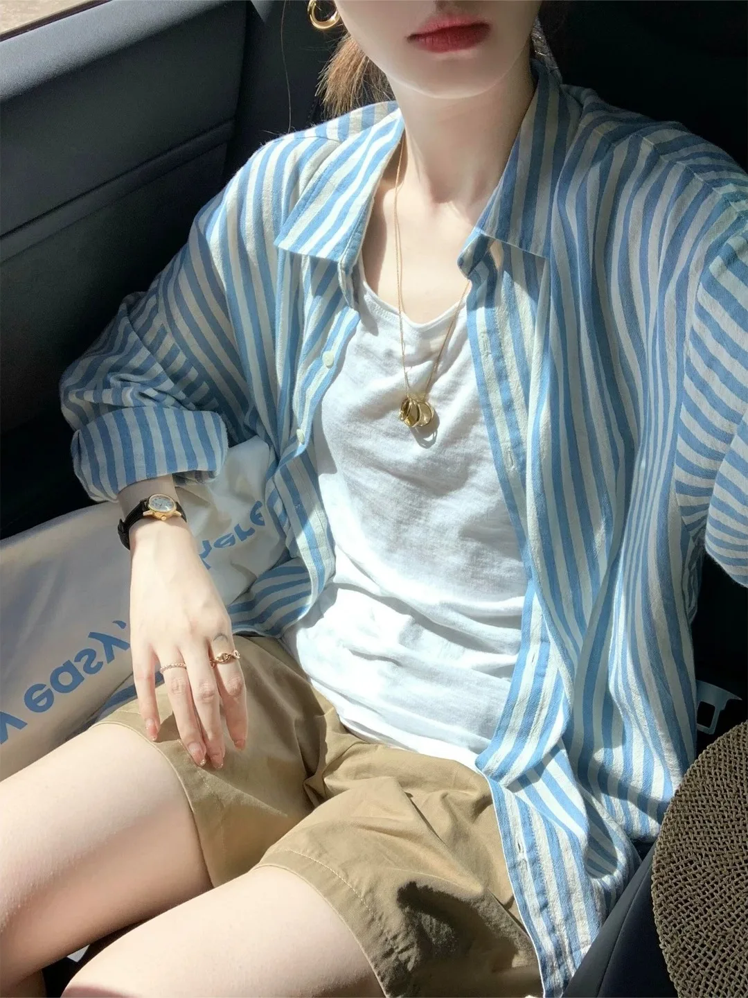 Korean Style Striped Long Sleeve Shirt Coat Women's Summer High-End Feeling Elegant Youthful Top Thin Sun Protection Outerwear