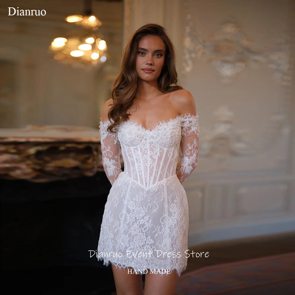 

Свадебные платья Dianruo с открытыми плечами, облегающие, с 3D цветочными аппликациями и кружевом, выше колена, на заказ