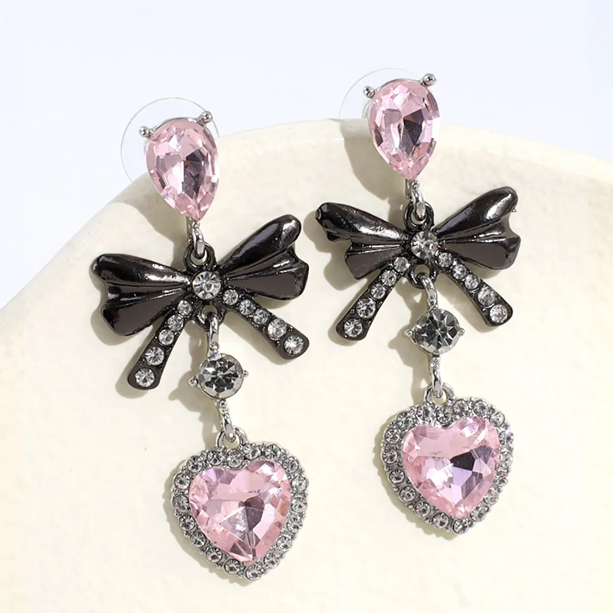 Rosa Strass Liebe Pfirsich Herz Schleife Knoten Tropfen Ohrringe für Frauen Cool Dark Gothic Mode Baumeln Ohrringe Y2k Trendy Schmuck