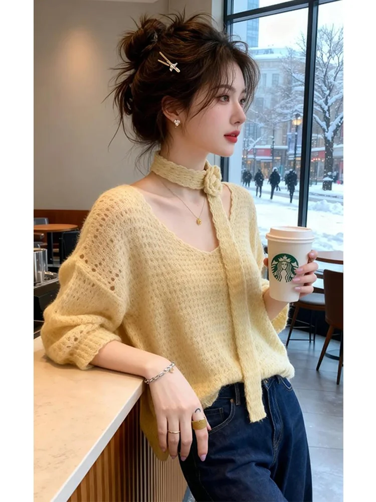 

Женский вязаный свитер с V-образным вырезом и розами, повседневный, свободный, с длинными рукавами, удобный, дышащий, модный