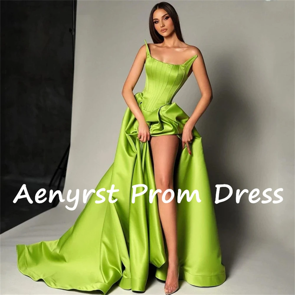 Aenyrst-Verde Strapless Cetim Vestidos, A Line, Split Prom Gown, Até o chão, Vestido Ocasião Formal, Vestidos simples