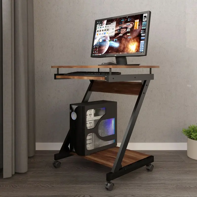 Z-Shaped Rolling Computer Desk With Keyboard Tray Wheels Small Mobile Laptop Table Wood Top Metal Frame Home Office Workstation