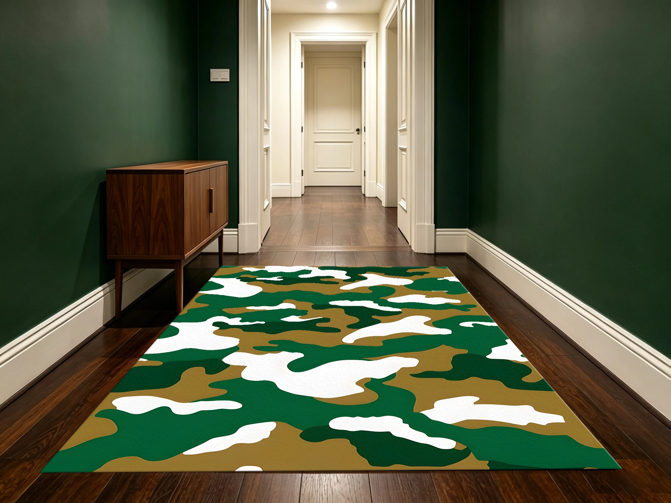 2D Carpet in Green Brown White Camouflage as a Trendy and Cool Choice for Gaming Room and Bedroom