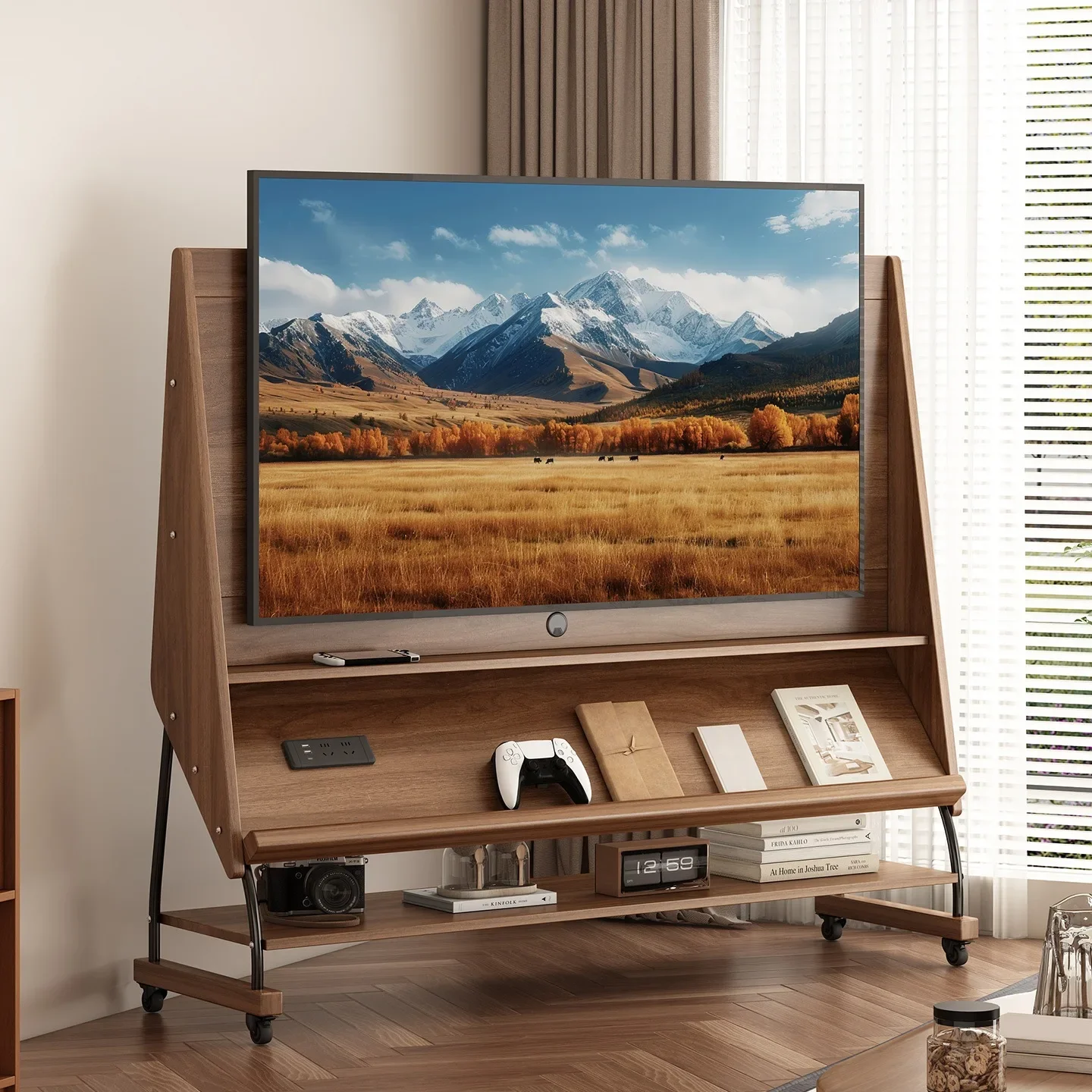 Solid wood removable TV cabinet living room household small apartment storage integrated TV bracket