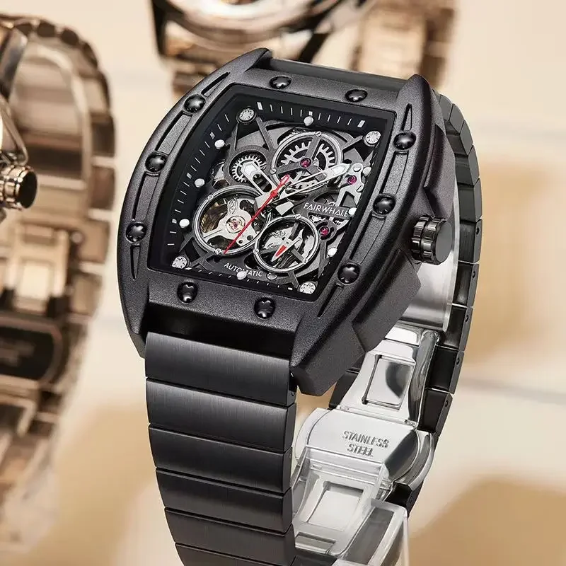 

FAIRWHALE 6180 Mens Watch Automatic Movement Luminous Double Flywheel Skeleton Mechanical Watches for Men Relogio Masculino