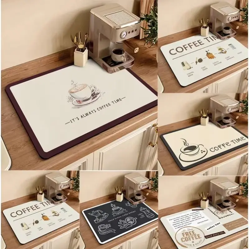 VIKAMA Minimalist Coffee Pattern Dish Drying Mat Super Absorbent NonSlip Tableware Kitchen Drain Pad Coffee Counter Decor