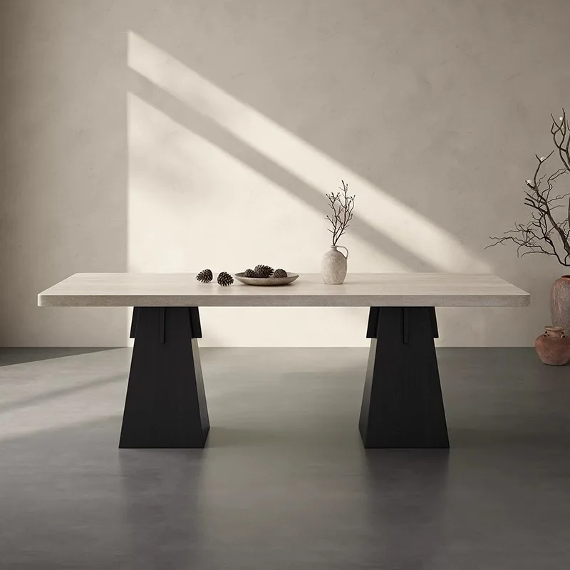 

CX wabi-sabi wind rock slab dining table, travertine rock slab, black solid wood large board table, simple, household tea table