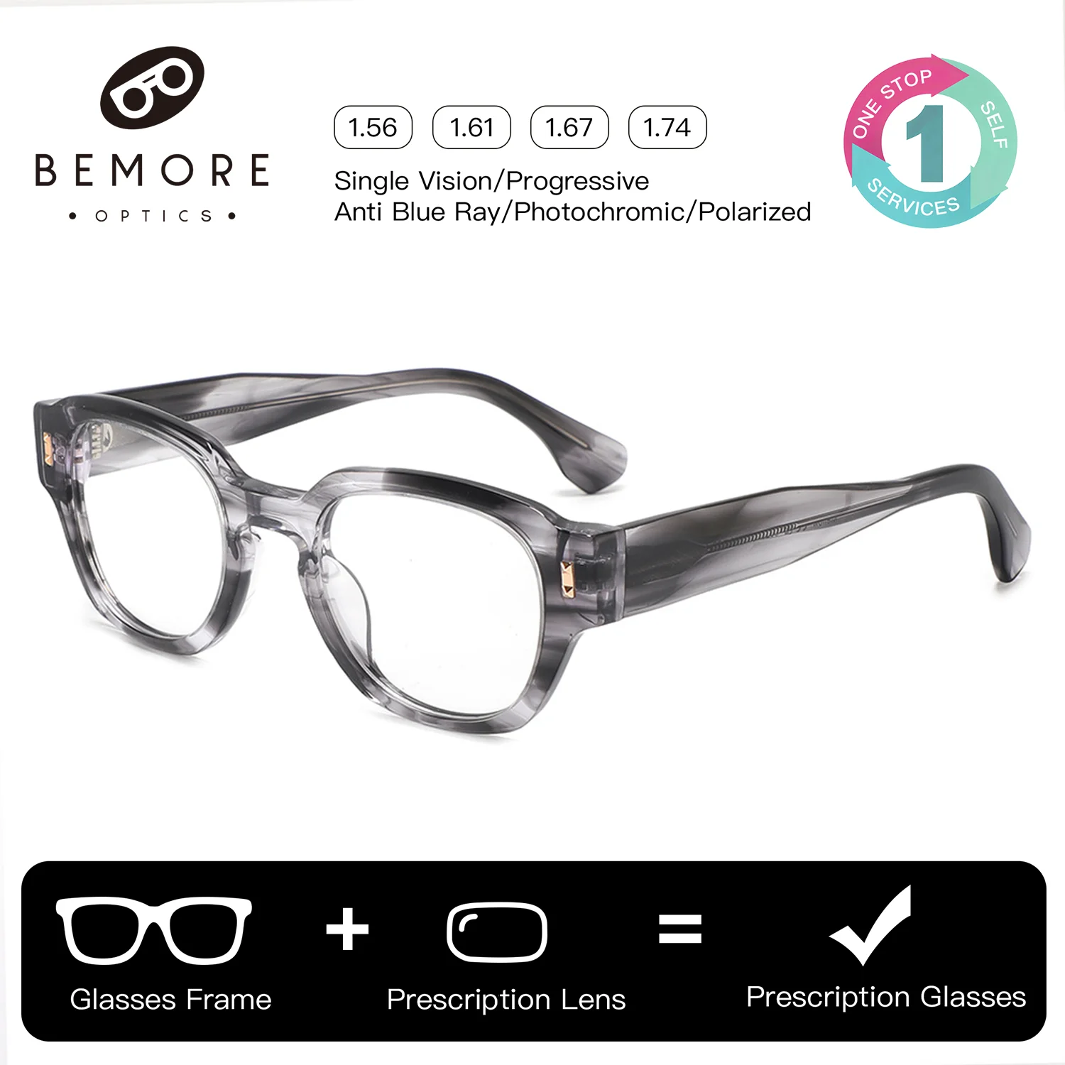 BEMORE Handmade Acetate Square Prescription Eyeglasses Custom Anti-Blue Light Myopia Multifocal Photochromic Eyewear
