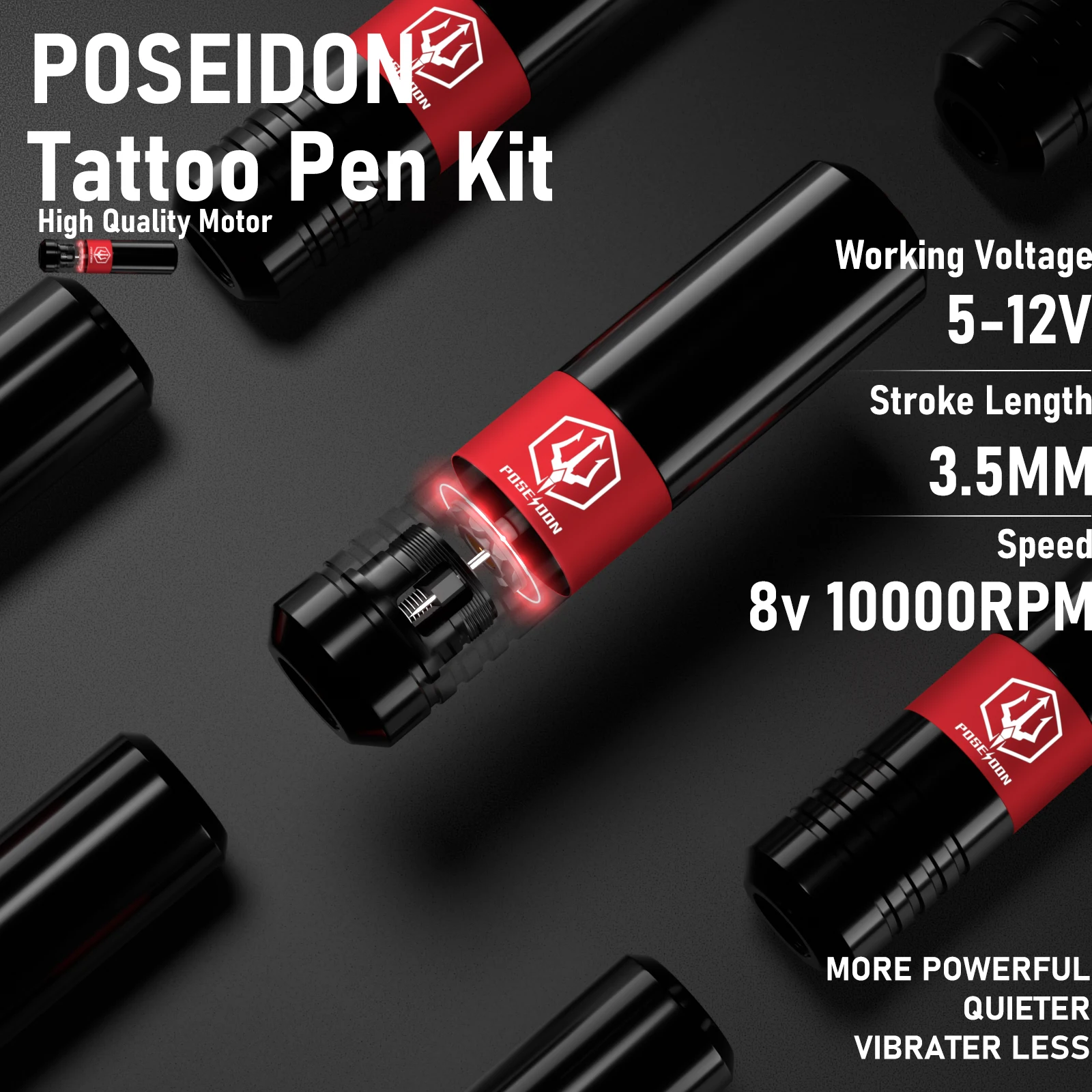 POSEIDON Tattoo Kit Rotary Tattoo Pen Kit With Cartridges Needles Tattoo Machine Kit With Power Supply RCA Interface