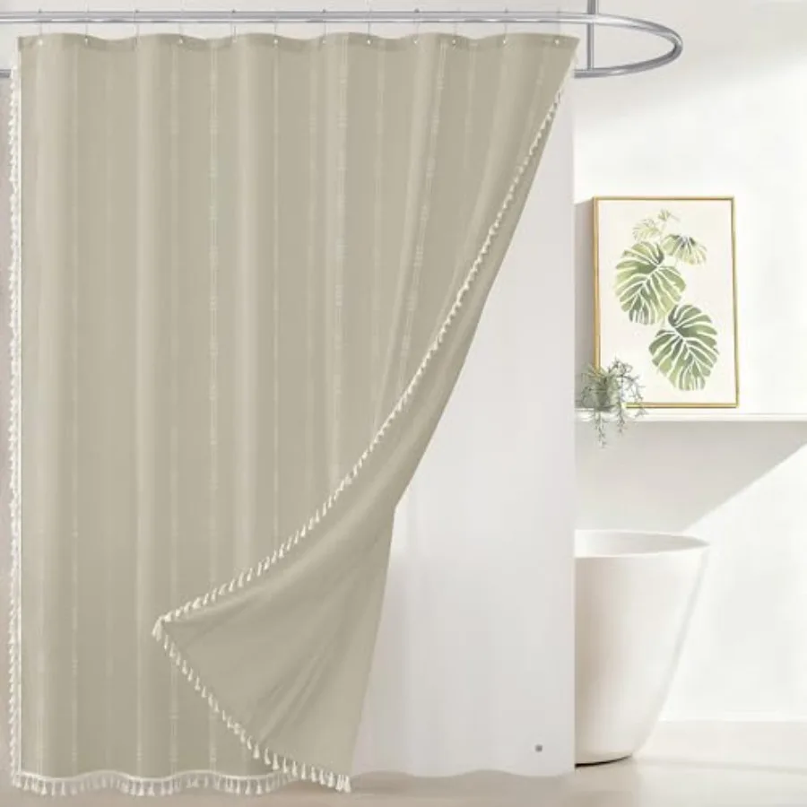 

Linen Texture 3 in 1 Farmhouse Shower Curtain Set with Tassel, Boho Fabric Shower Curtains for Bathroom, Taupe, 72W x 96L