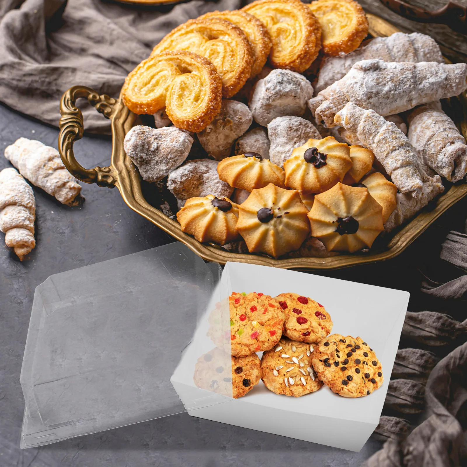 50Pcs Cooked Food Paper Boxes Thick Material Fog Resistant Dessert Containers Transparent Lids Individual Wrap Bakery Cake Slice