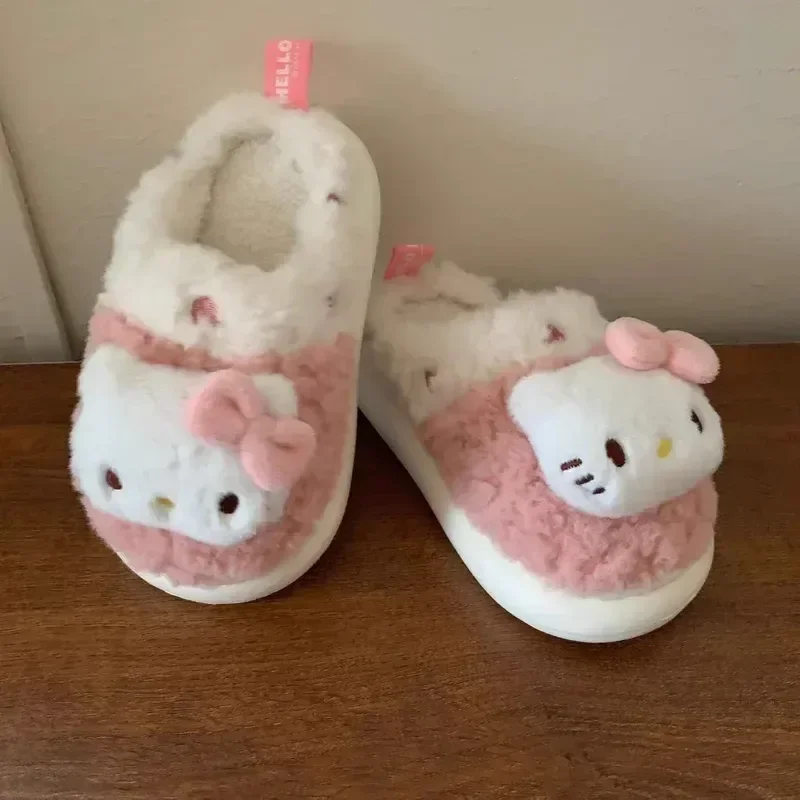 Sanrio Hello Kitty Home Fuzzy Slipper Cartoon Kuromi Cinnamoroll  Yk2 Women Winter Plush Non Slip Slippers girl Cute Flat Shoes