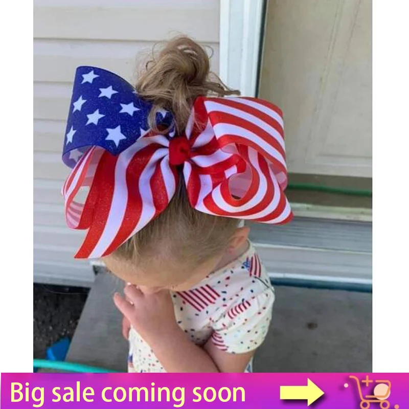 1/8Pcs 7 to 8 Inch Flag Ribbon Hair Bow - Jumbo Stars and Stripes Bow - 4th of July Bow - Extra Large Patriotic Bow - America