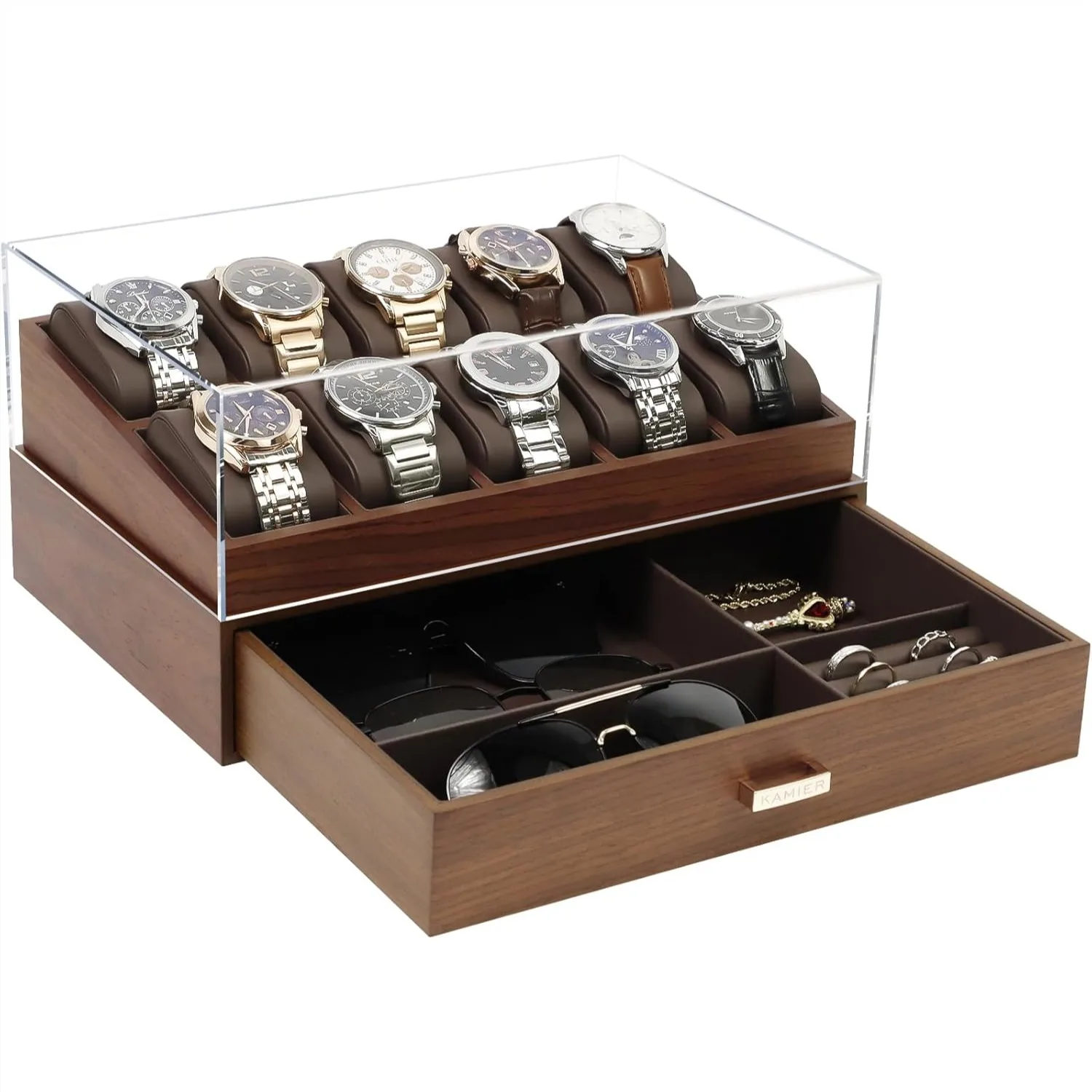 

Watch Box for Men 10 Slots, Watch Case with Glass Lid and Drawer, 2-Layer Walnut Watch Display Organizer for Jewelry Storage