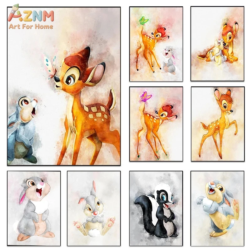 Pósteres impresos en acuarela de Disney Bambi y Thumper para decoración del hogar, dibujos animados de conejo, ciervo, ardilla, pintura en lienzo de animales, arte de pared