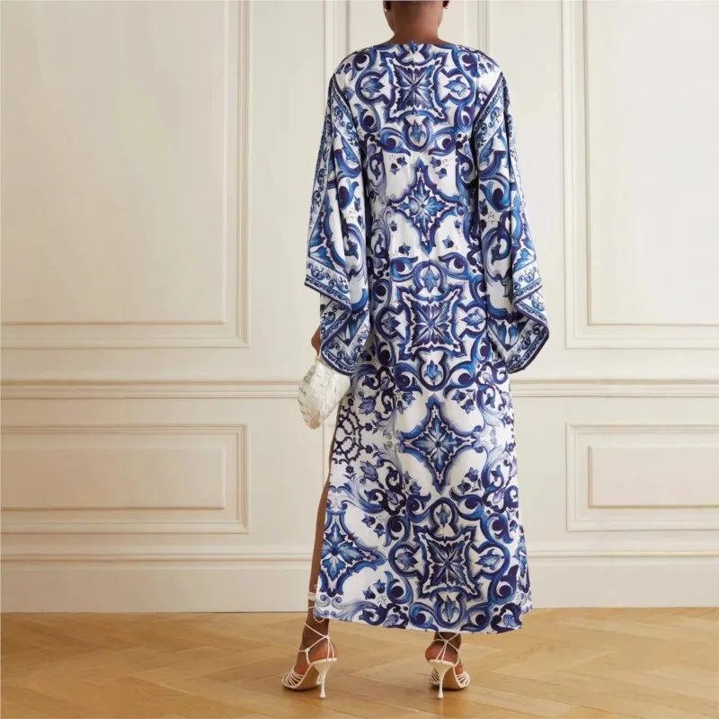 New Spring O Neck Long Sleeved Loose Dress Elegant Commuting Maxi Dress Blue White Porcelain Printed Side Split Women's Dresses
