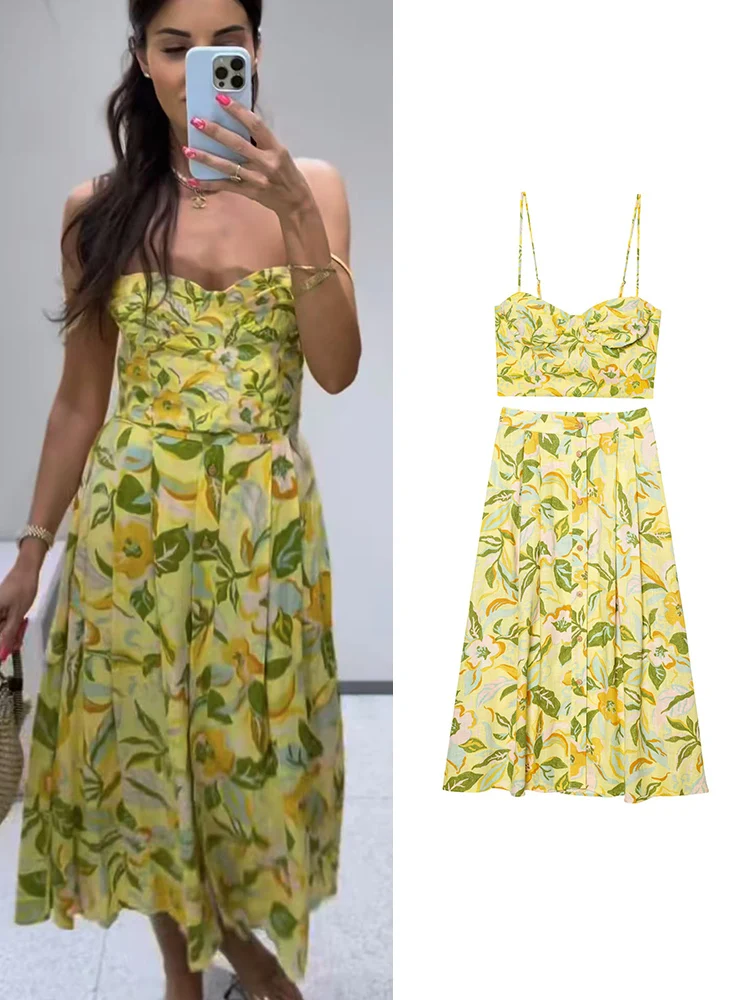 TFMLN Rok Motif Bunga Wanita Dua Potong Kamisol Selempang Crop Seksi Set Rok A-line Gaya Liburan Pantai Kasual Wanita Baru