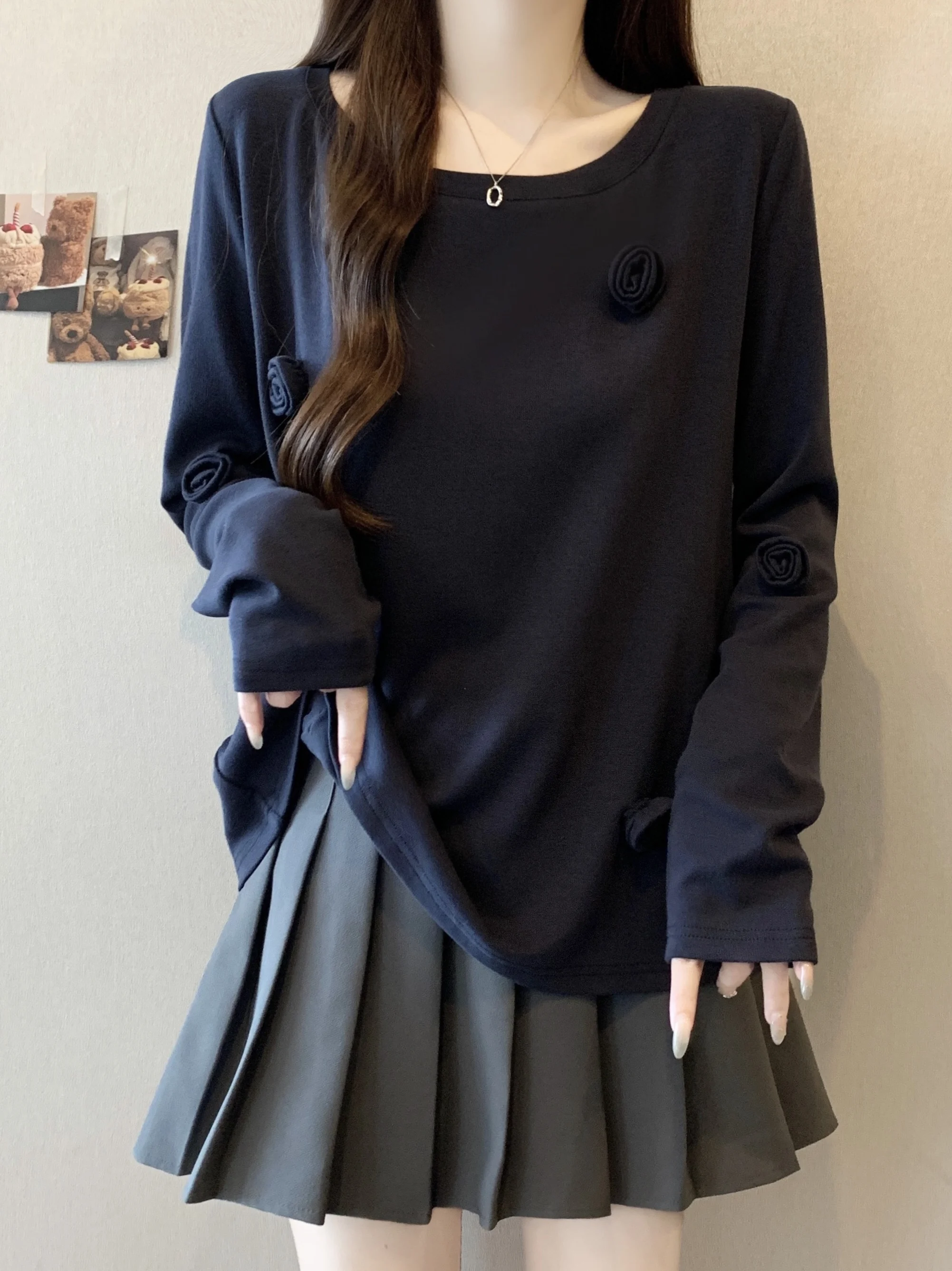 

plus Size Deep Blue Long Sve T-irt Women's Base Layer irt Floral Decoration Slimming Top Korean Sle Commute Wind