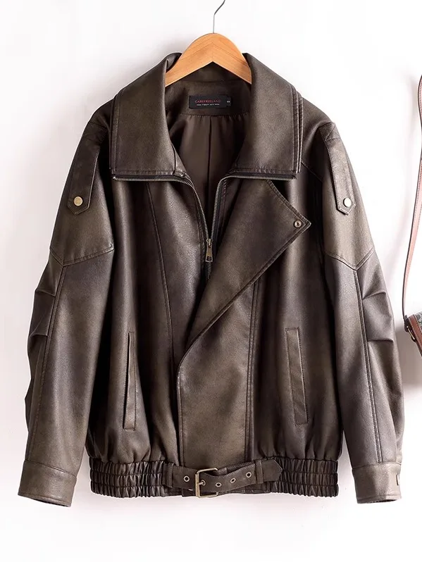 Cool Leather Jaet Or Sle 2025 da donna Nuovo cappotto allentato in pelle da motociclista eepskin Capispalla in vera pelle Faionable Commute D...