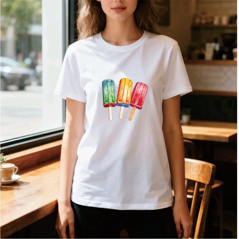 Summer Fresh Color Popsicle Hand-painted Pattern Loose Casual Round Neck Short Sleeved Top