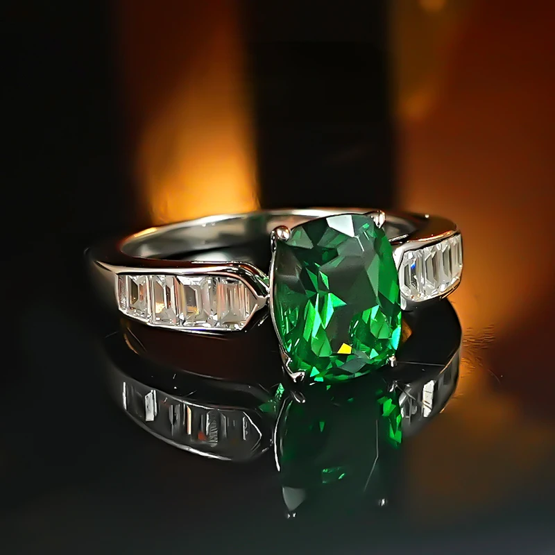 Light Luxury Emerald Tourmaline Rectangular Ring 925 Silver Gold-plated Women's Style Inlaid with Daily Versatile Temperament